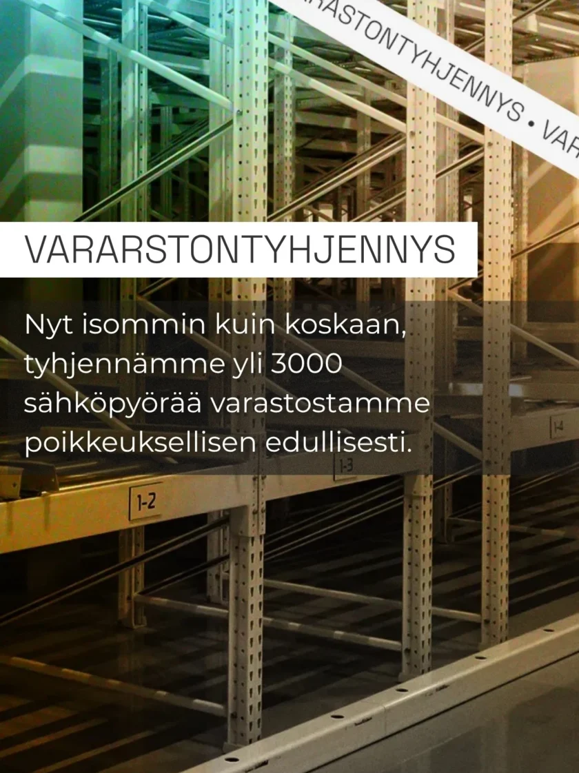 Nyt isommin kuin koskaan, tyhjennämme yli 3000 sähköpyörää varastostamme poikkeuksellisen edullisesti.